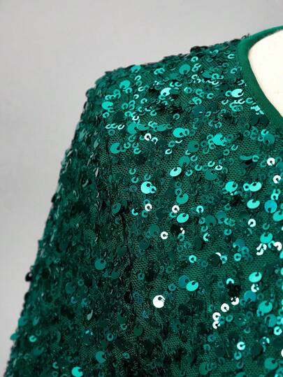 SHEIN Young Girl' Green Sequin Long Sleeve Mesh Dress