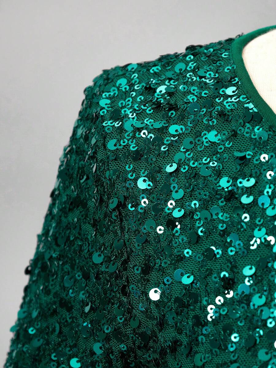 SHEIN Young Girl' Green Sequin Long Sleeve Mesh Dress - Green - View 1