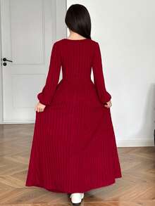 Tween Girl Integrated Casual Minimalist Comfortable Soft Round Neck Long Sleeve A-Line Textured Elegant Red Christmas Long Dress - Red - View 2