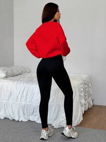 SHEIN EZwear 2pcs/Set Loose Crew Neck Sweatshirt And Skinny Leggings Pants Christmas Graphic Red - Multicolor - View 2