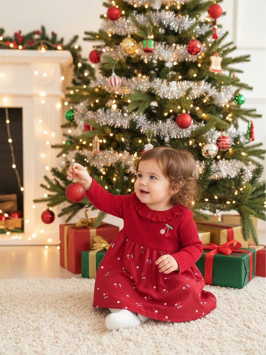 SHEIN Baby Girls' Cute Red Cherry Embroidery Long Sleeve Princess Dress, Sweet Dress For Toddlers, Spring/Autumn - Burgundy - View 1