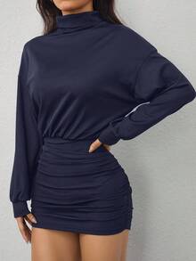 SHEIN PETITE High Collar Drop Shoulder Pleated Slim Fit Dress - Navy Blue - View 4