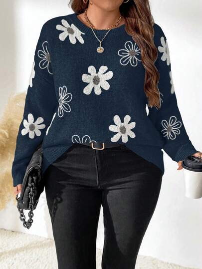 Plus Size Women's Floral Pattern Crew Neck Drop Shoulder Long Sleeve Casual Sweater, Winter Knit Pullover Fall Autumn