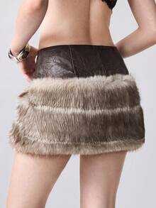 ROMWE EDITION Y2K Vintage Ultra Low Waist Faux Fur Patchwork Distressed PU Mini Skirt For Women - Khaki - View 4
