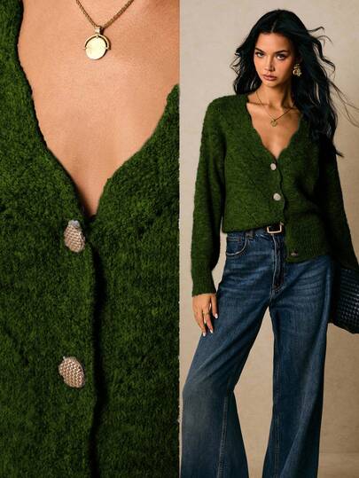 Poéselle Women's Solid Color Arched V-Neck Long Sleeve Single-Breasted Knitted Cardigan In Fall/Winter Green Sweater Green Cardigan Women Women Cardigan Button Up Cardigan Green Shirts For Women,Fall,Fall Clothes For Women