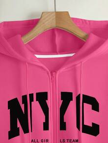 SHEIN 女士连帽拉链卫衣，字母印花图案，休闲外套，适合教师、返校、毕业、日常穿着、冬季外套，时尚百搭；女士连帽长袖卫衣 - 玫紅色 - 查看 5