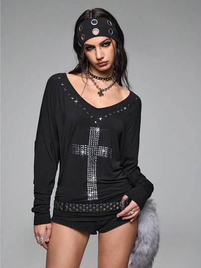 Grunge Punk T-shirt ample à encolure en V avec rivets et manches chauve-souris pour femmes, style Punk Y2K