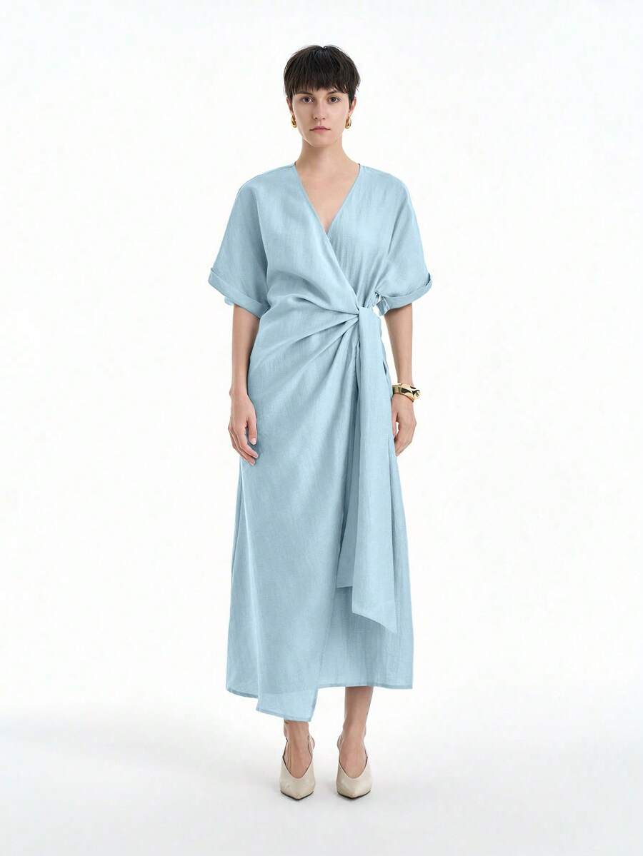 Aalyst 赭石色简约休闲编织裹身 V 领蝙蝠袖宽松长裙，天然舒适面料，春夏 - 藍色 - 查看 1