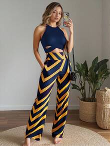 SHEIN LUNE 优雅合身交叉露背短款上衣和直筒裤性感 2 件套女士 - 寶藍色 - 查看 1