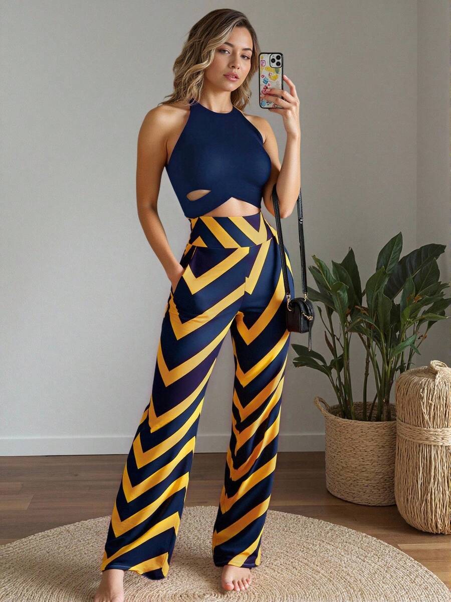 SHEIN LUNE 优雅合身交叉露背短款上衣和直筒裤性感 2 件套女士 - 寶藍色 - 查看 1