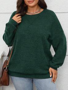 EMERY ROSE Plus Size Women's Casual Everyday Commute Simple Solid Color Drop Shoulder Loose Thermal Lined Warm Sweatshirt, Autumn/Winter Plus Size Winter,New Year Going Out,2025 New,Simple And Fashionable For Everyday Wear, Christmas For Women ,New Year,Date Night Women