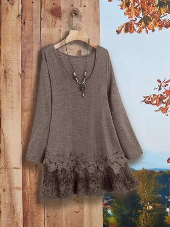 Rusticease Plus Size Women's Grey Round Neck Long Sleeve Contrast Lace Hem Country T-Shirt,Fall Women Clothes Winter Clothes For Women Cozy Fall And Winter Clothes For Women Country Style For Women Country Concert Outfit