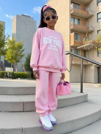 Tween-Mädchen Lässiges, minimalistisches Set mit New Yorker Buchstaben im amerikanischen College-Stil, lockerer, Oversized Rundhalsausschnitt, Langarm-Kapuzenpullover und enger Jogginghose, geeignet für zu Hause und draußen, Winterkleidung