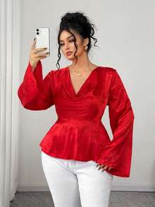 Elenzga 加大码宽肩领长袖提花褶皱腰A字形荷叶边下摆优雅衬衫，适合工作、约会、派对 - 紅色 - 查看 1