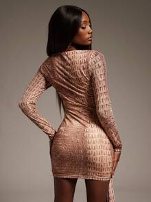 Hauture Fall Sexy Animal Print Mini Dress – Mob Wife Party Boat Neck & Front Sash Long Sleeve Dress - Multicolor - View 3