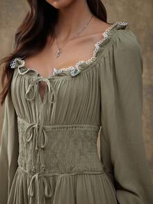 WESTFADE Scoop Neck Bow Front Smocked Waist Long Flare Sleeve Tiered Ruffle Dress Fall, Autumn, Winter, Casual Cute Boho, Nashville Cowgirl, Country Outfit, Western Wear For Women - Olive Green - View 2