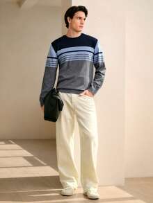 Manfinity Homme Men's Casual Colorblock Striped Sweater, Autumn/Winter - Dark Grey - View 4