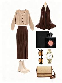 INAWLY Falda de suéter con abertura alta y botones de unicolor simple para uso diario y casual de mujer, otoño/invierno - Café integral - Ver 1