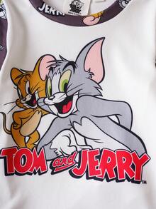 TOM & JERRY X SHEIN 2pcs Baby Boy Cartoon Graphic Crew Neck Long Sleeve Top And Pants Knit Casual Snug Fit Pajama Set