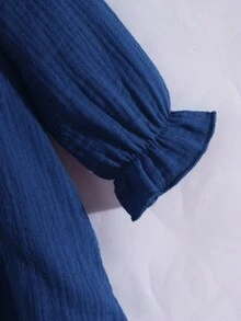 女童彼得潘领长袖高腰 A 字纯色纹理棉柔软亲肤女婴秋季连衣裙，可爱时尚，适合所有季节 - 寶藍色 - 查看 5
