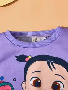 CoComelon X SHEIN 2pcs/Set Baby Girl Cute Cartoon & Letter Graphic Round Neck Ruffle Sleeve Sweatshirt And Sweatpants Knit Casual Sports Outfit, Purple