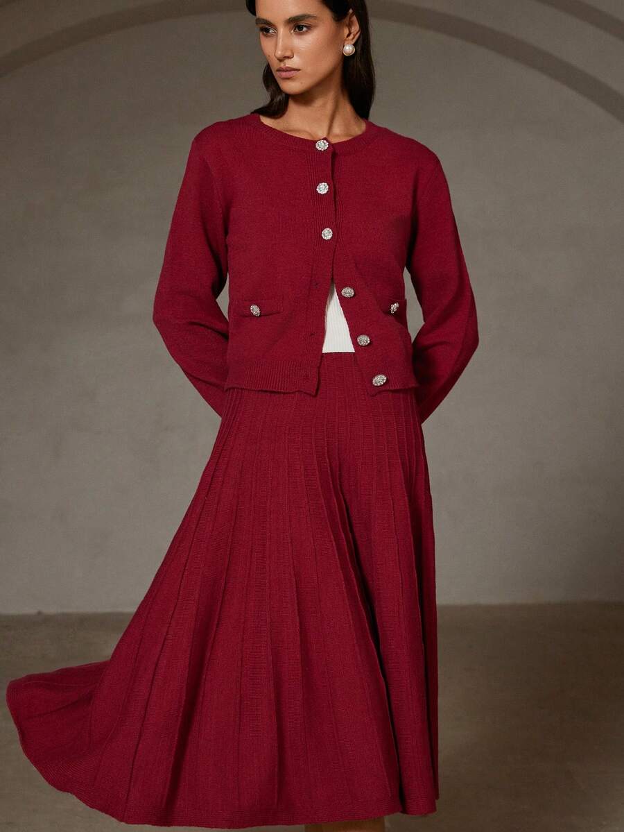 GENKIRA 2pcs Set: Solid Color Crew Neck Faux Pocket Cardigan & Pleated Maxi Skirt Sweater - Red - View 1