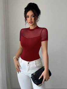 Elenzga Women's 2025 Summer Solid Color Versatile Mesh Patchwork Round Neck Short Sleeve T-Shirt - Burgundy - View 3