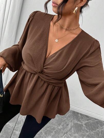 Firerie Plus Size Casual Twist Hem Long Sleeve Shirt, Green Brown Spring