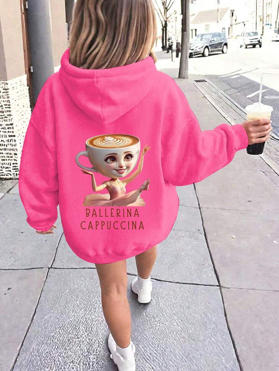 SHEIN 女童休闲时尚可爱趣味芭蕾舞者卡布奇诺图案双面印花卫衣,适合日常休闲、户外、运动和上学穿着,秋冬季节必备。 - 玫紅色 - 查看 1