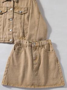 SHEIN 2pcs/Set Teen Y2k Girl Khaki Denim Cropped Jacket & Mini Skirt,Fall Clothes,Winter Clothes ,Street Wear,Back To School Clothes