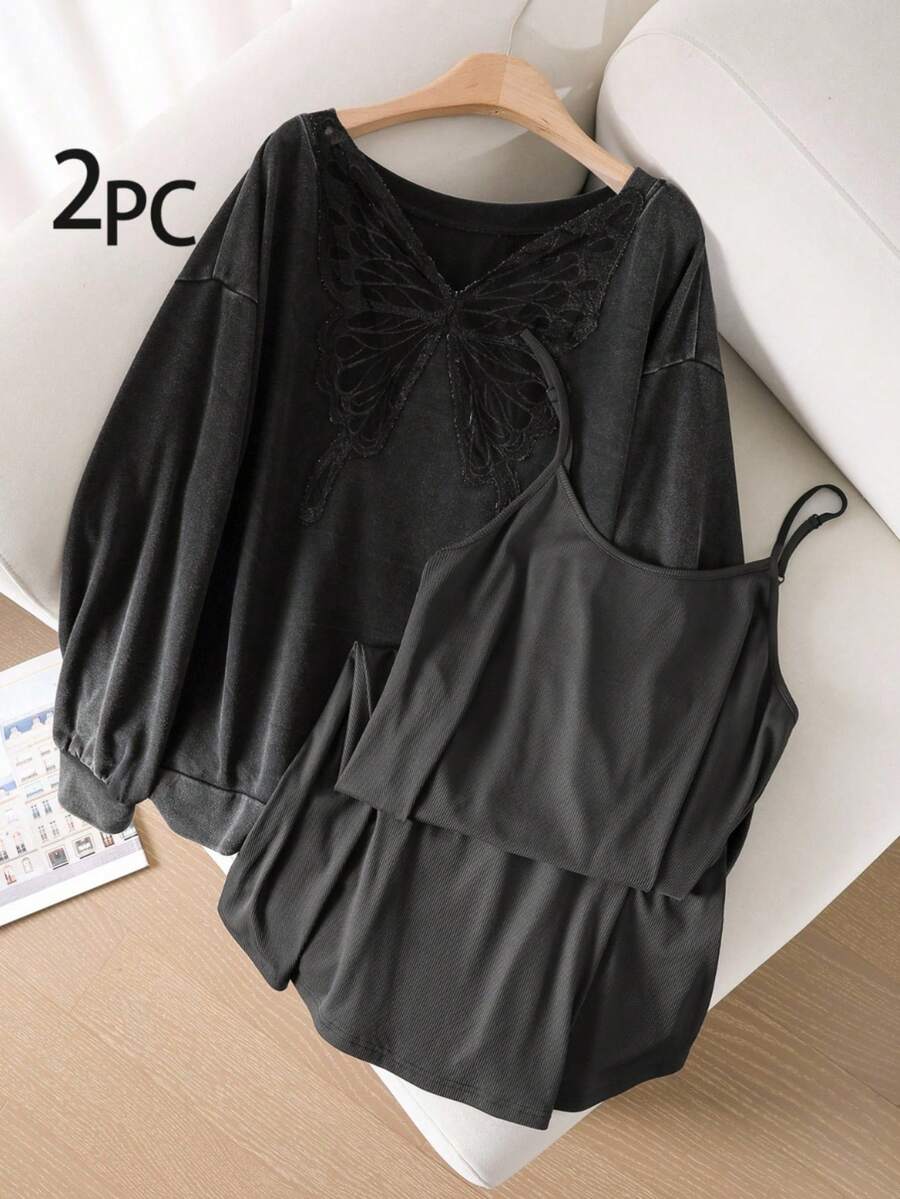 CosyJoli Conjunto de camiseta de manga larga con cuello redondo y vestido camisola con parches de encaje de mariposa para tallas grandes - Negro - Ver 1