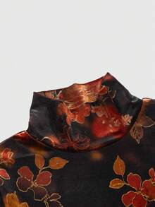 ROMWE Fairycore Bluză vintage din catifea cu imprimeu floral, guler înalt, mânecă scurtă, pentru femei