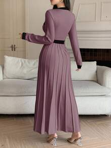 DAZY 女式优雅拼色圆领毛衣裙，秋季 - 紫色 - 查看 2