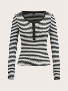 SHEIN EZwear 冬季新年感恩节三件套女式条纹+纯色圆领长袖T恤 女式长袖上衣 修身上衣 女式紧身衣 - 彩色 - 查看 3