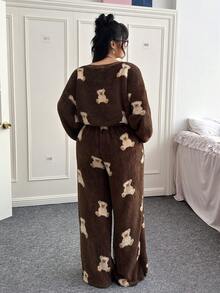 CovetEZ Christmas 2pcs/Set Autumn/Winter New Cartoon Bear Pattern Plush Oblique Shoulder Hoodie And Pants Casual Cute Plus Size Outfit Comfy Set - Brown - View 2