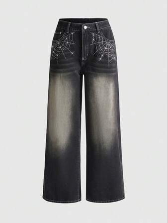 Grunge Punk Jeans de cintura baja para mujer con efecto vintage desgastado y estampado de telaraña de piedras rhinestone, con corte holgado y estilo grunge para Halloween