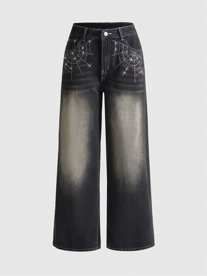 Grunge Punk Jeans femme taille basse, style vintage délavé et déchiré, motif toile d'araignée avec strass, coupe ample et décontractée, thème Halloween