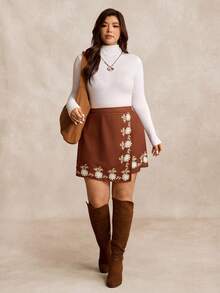 EMERY ROSE Plus Size Women's Brown Floral Print Asymmetric Hem Skirt, Suitable For Ladies Autumn Wear - Brown - View 6