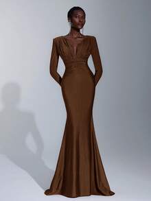 优雅、浪漫、性感、简约、梅红色、有弹性、深 V 领、长袖、鱼尾下摆、时尚、网红风格、适合节日、度假、生日派对、婚礼、伴娘礼服 - 棕色 - 查看 6