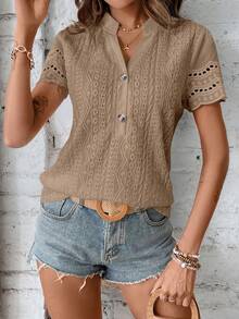 EMERY ROSE Damen Sommer Kurzarm Freizeit T-shirt Mit Gekerbtem V-ausschnitt Und Knopf Dekoration