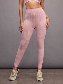 Activina 女式高腰条纹休闲日常健身紧身裤 - 粉色 - 查看 5