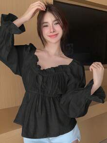 DAZY Women's Off-Shoulder Long Sleeve Ruffle Trim Bell Sleeve Patchwork Black Blouse, Suitable For Autumn, Spring And Summer - Black - View 3