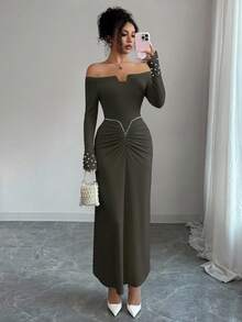 Elenzga Black & White Contrast Design Shoulder Cut-Out Off Shoulder Long Sleeve Dress, Suitable For Birthday Party, Date, Versatile - Army Green - View 3