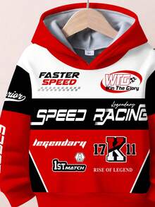 SHEIN 2 件套年轻男孩宽松运动简约舒适经典赛车文化“No.1”速度图形印花长袖连帽衫运动衫