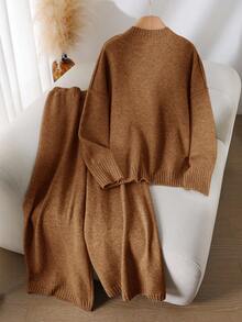 CosyJoli Plus Size Solid Color Round Neck Drop Shoulder Long Sleeve Loose Knit Sweater Set Brown/Winter - Chocolate Brown - View 2