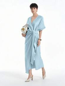 Aalyst 赭石色简约休闲编织裹身 V 领蝙蝠袖宽松长裙，天然舒适面料，春夏 - 藍色 - 查看 7