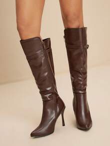女士时尚舒适细高跟过膝靴 - 棕色 - 查看 3