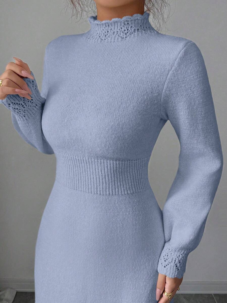Elenzga Women's Solid Color Turtleneck Unique Design Fitted Waist Elegant Casual Long Sleeve Maxi Knit Sweater Dress, Suitable For Autumn/Winter - Blue - View 1