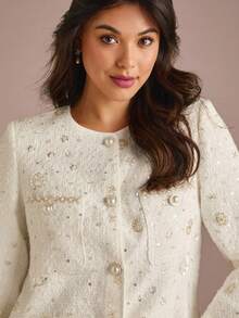 Enchnt 秋冬浪漫女士白色亮片刺绣粗花呢长袖公主外套，别致优雅，适合派对、约会、节日、毕业典礼、外出、万圣节、圣诞节、秋季、新年等场合。 - 白色 - 查看 2
