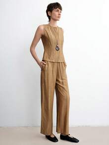 Aalyst 扎染艺术淡咖啡色女士套装，简约无袖上衣和长裤套装 - 咖啡棕 - 查看 3